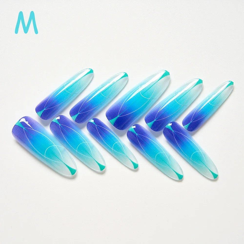 10Pcs/set Lucky Nine-tailed Fox Printed Chinese Style False Nails Long Press-on Acrylic Fakes Nails Adhesive Unique Design