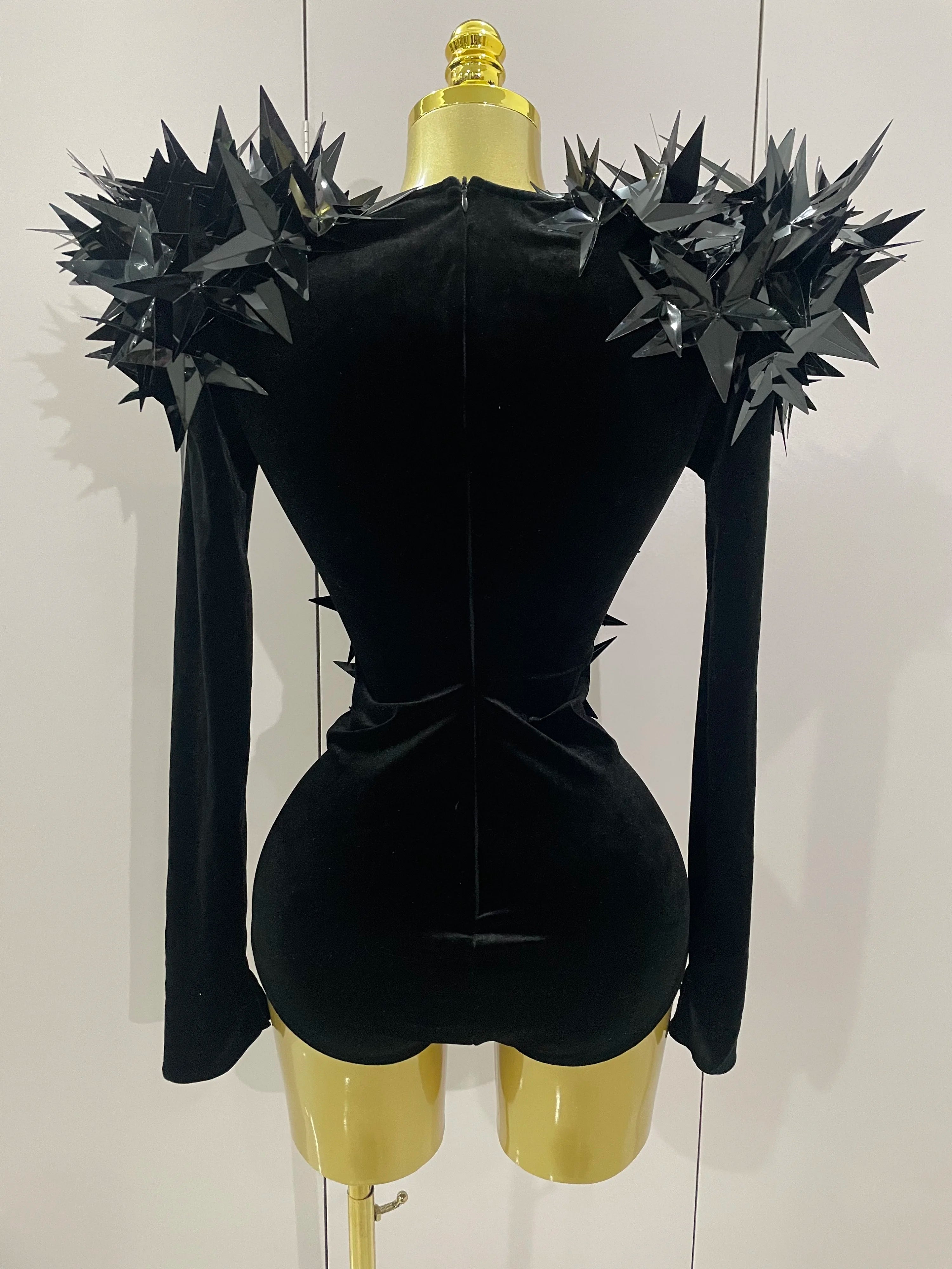 2025 New Shiny Black Rhinestone Velvet Long Sleeve Bodysuit Women Evening Party Club Gala Hosts NightClub Bar Stage Costumes