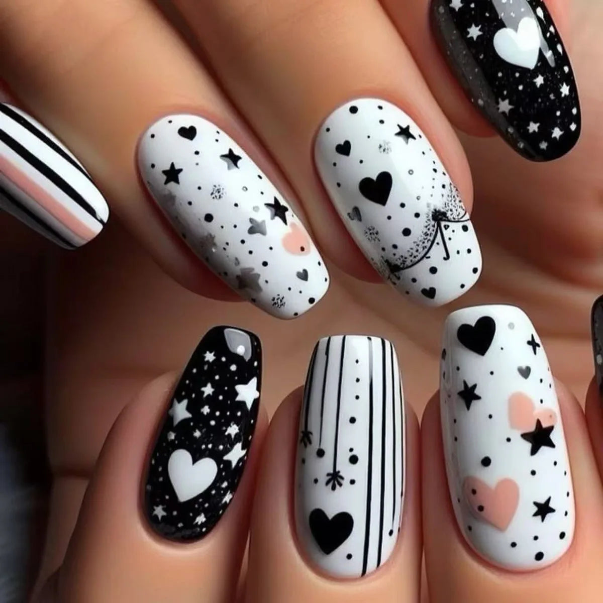 24Pcs Mid-length Press on Nails Black White Valentine's Fake Nails Glitter Love Stripe French Nails Tips Wearable False Nail Art
