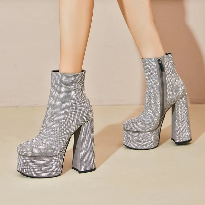 Fashion Crystal Women Ankle Boots Platform Suqare High Heel Punk Boots Full Suede Autumn Winter Woman Motorcycle Boots GRAY