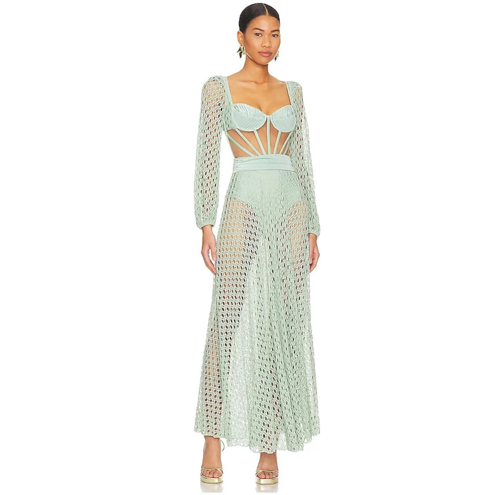 2023 New Retro Hollowed-Out Backless Sexy Swimsuit Long Sleeves Gather Luxury Solid Color Swimwear Knitted Beach Skirt Female Green