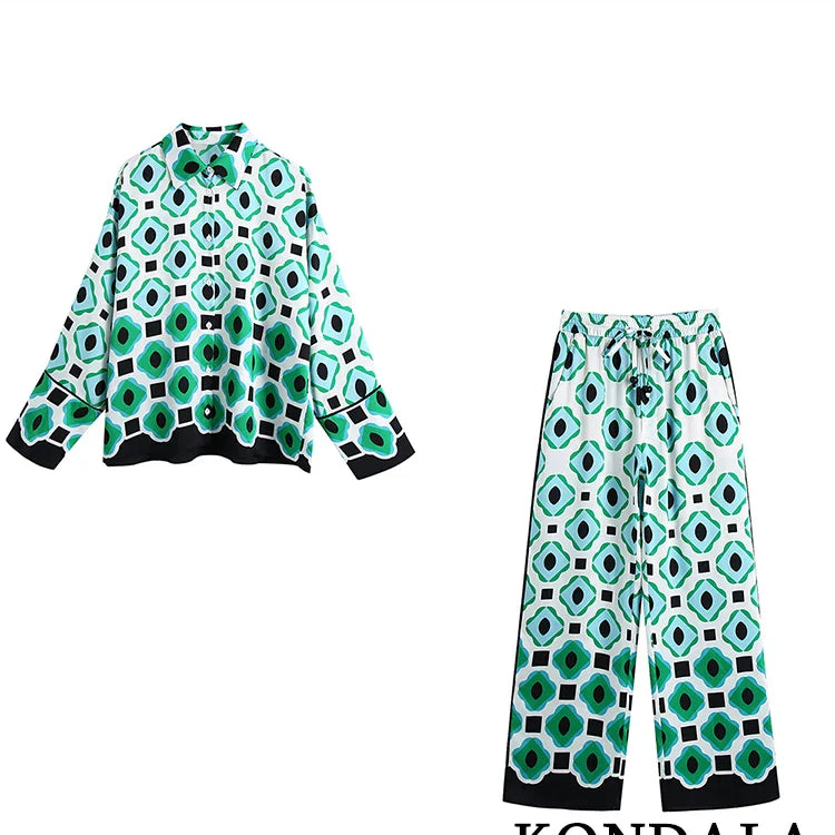 KONDALA Geometric Print Vintage Women Suits Autumn Fashion Oversized Long Shirts and High Waist Wide Leg Pants Women Set Suit