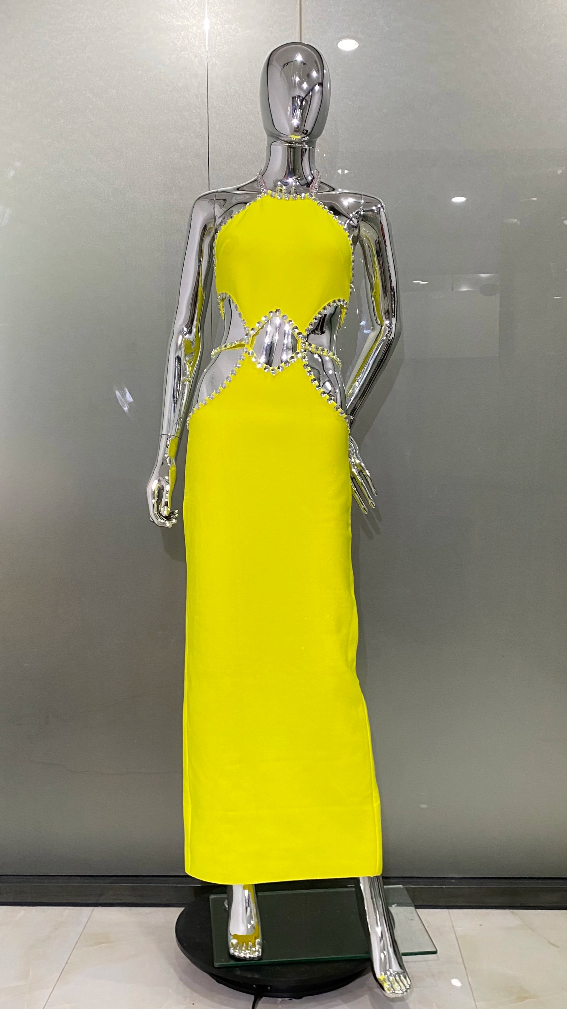STOCK New Arrival Lemon Yellow Sexy Hollow Out Sparkling Diamonds Ankle Length Bandage Dress Elegant Woman Evening Party Outfit