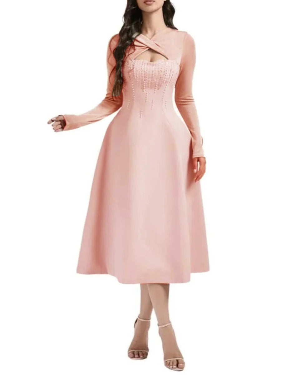 TWOTWINSTYLE Solid Slimming Bead Elegant Dresses for Women Round Neck Long Sleeve Hollow Out Temperament Dress Female Clothing