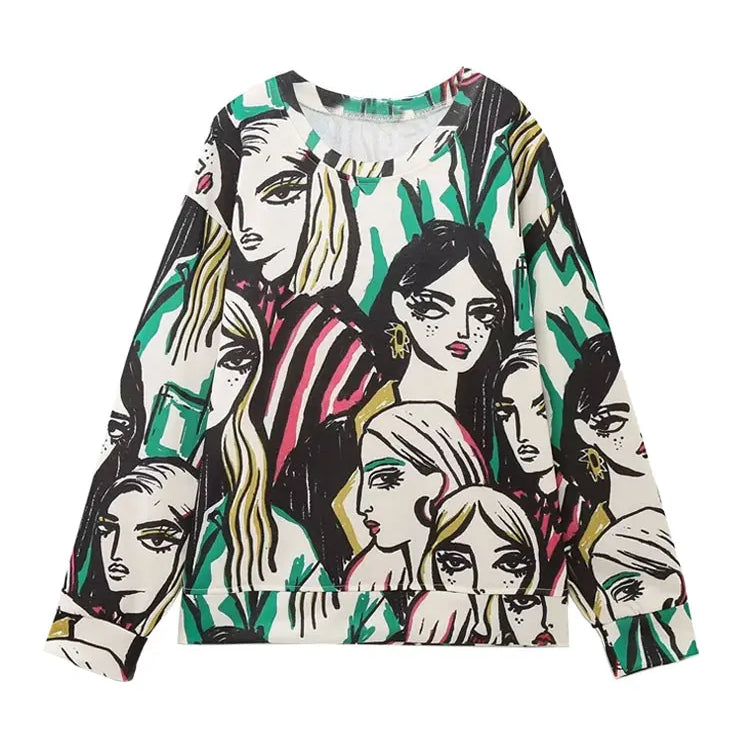 Women Fashion Girl Print Sweatshirt Vintage O Neck Long Sleeve Female Pullovers Chic Tops L