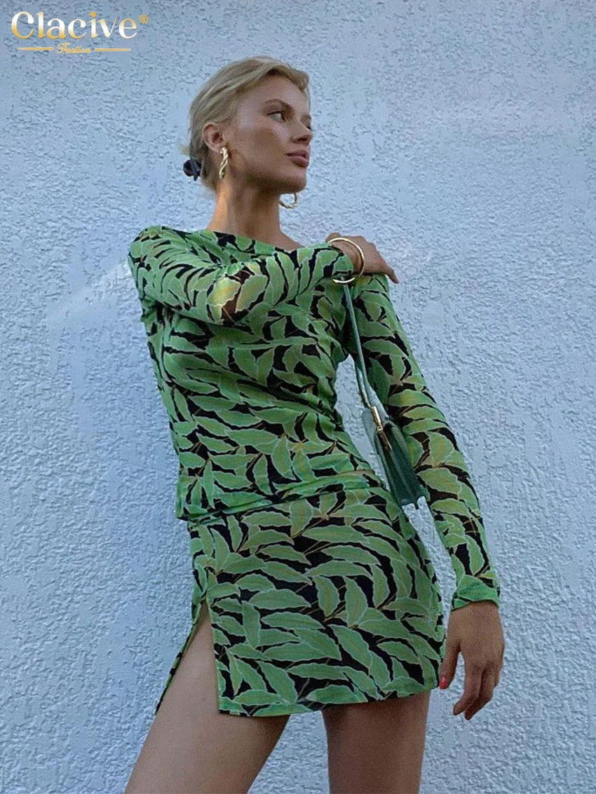 Clacive Bodycon Print Women's Dress Fashion Slim O-Neck Long Sleeve Mini Dress Elegant Classic Slit Party Dresses Female green CHINA