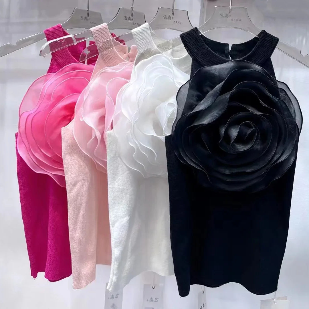 Summer New Arrival Knitwear Sexy Crop Tank Top Femme Black White 3D Flower Sexy Sleeveless Knitted Top Slim Fit Halter Vest
