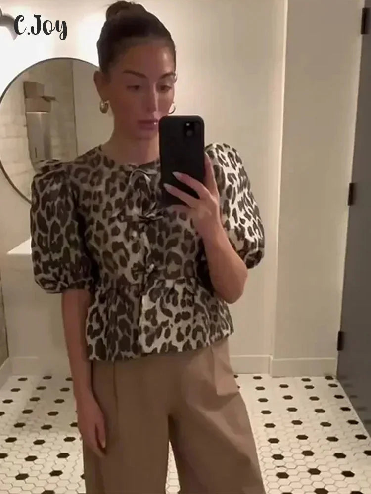 Leopard Print Lace Up Bow Top Women Hollow Out Puff Short Sleeve O-neck Shirt Female Summer Lady Fashion Commuter Tops