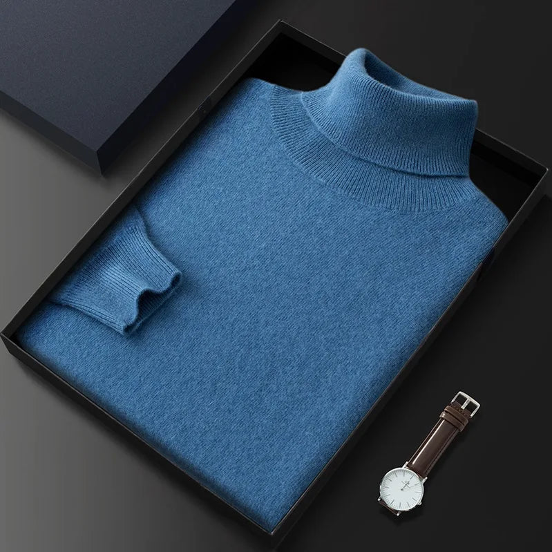 100% Cashmere Turtleneck Men Pullovers Autumn Winter Soft Light Warm Rolled Neck Jumper Jersey Pull Homme Knitted Sweater Blue