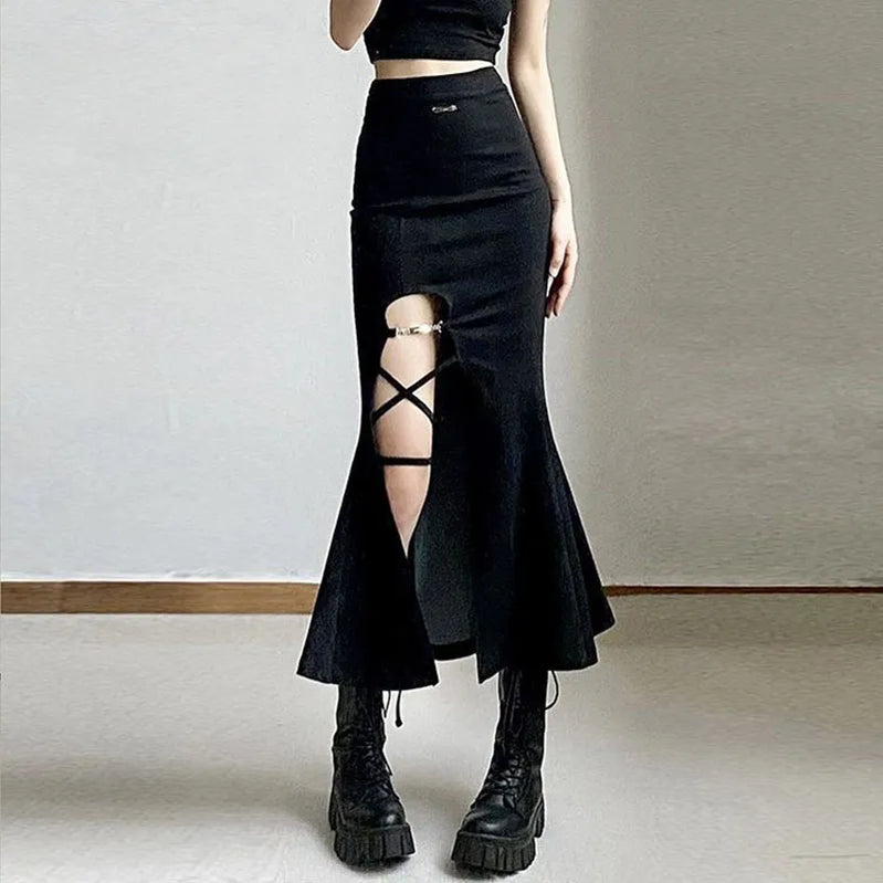 High Waist Women Mermaid Skirts American Style Designed Bandage Split Midi Skirt Y2K Fashion Streetwear Female Skirts Spring