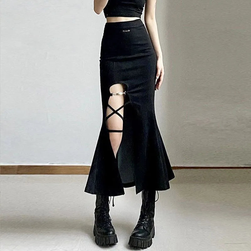 High Waist Women Mermaid Skirts American Style Designed Bandage Split Midi Skirt Y2K Fashion Streetwear Female Skirts Spring