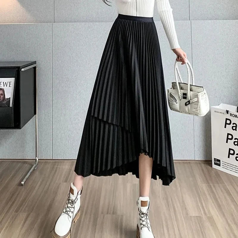 Vintage Streetwear Pleated Skirts Female Autumn Winter High Waist Irregular Long Skirt Women Fashion A Line Midi Skirts black One Size 40-75kg