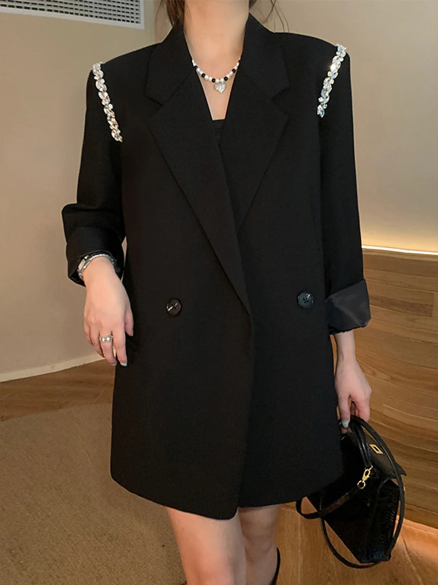 TWOTWINSTYLE Solid Loose Spliced Button Casual Jackets for Women Lapel Long Sleeves Patchwork Bead Jacket Female Fashion Clothes