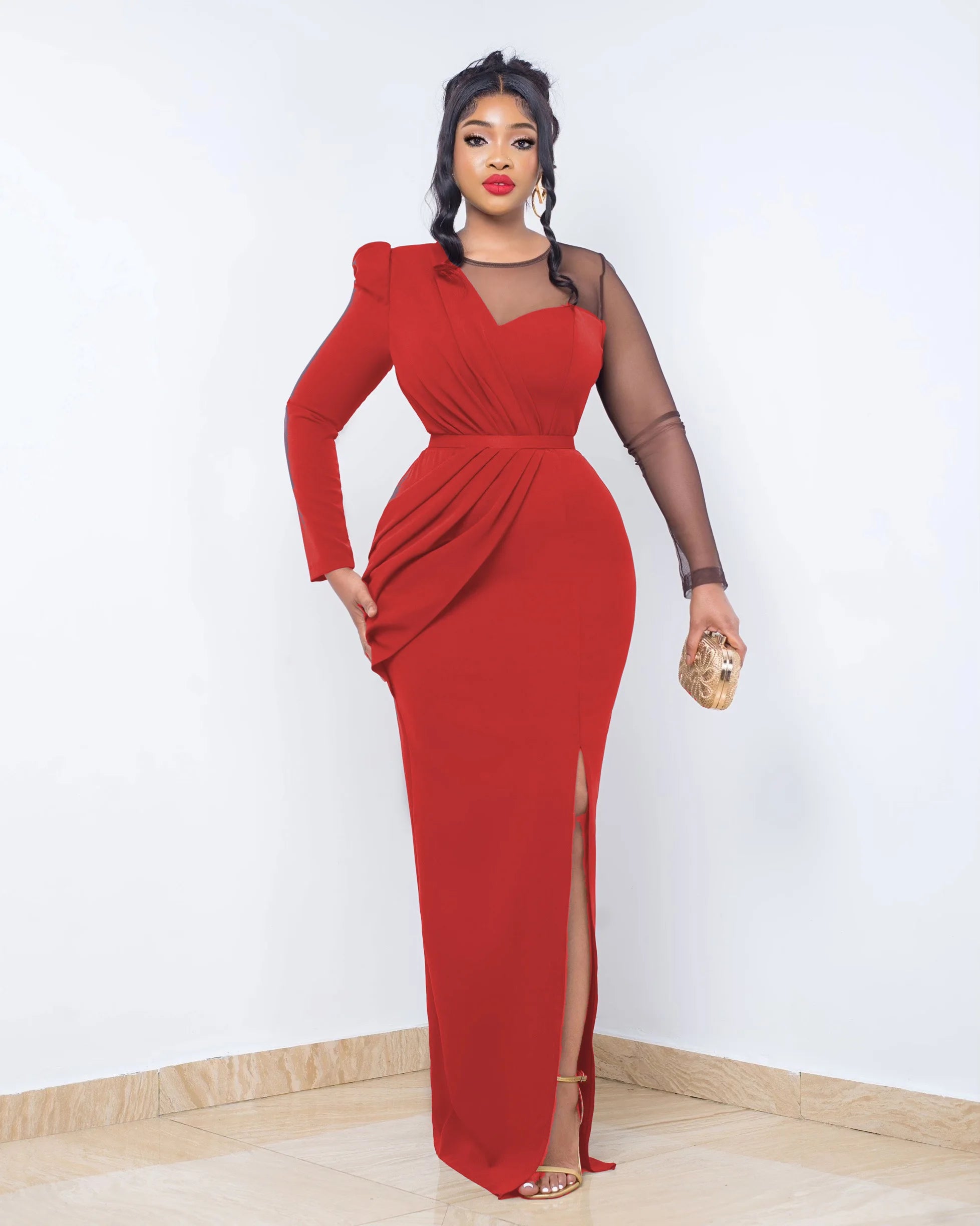 Spring Sexy Elegant Mesh Party Dress Women Fashion OL Slim Mesh Long Sleeve Splice Long Wedding Evening Dress Women Red