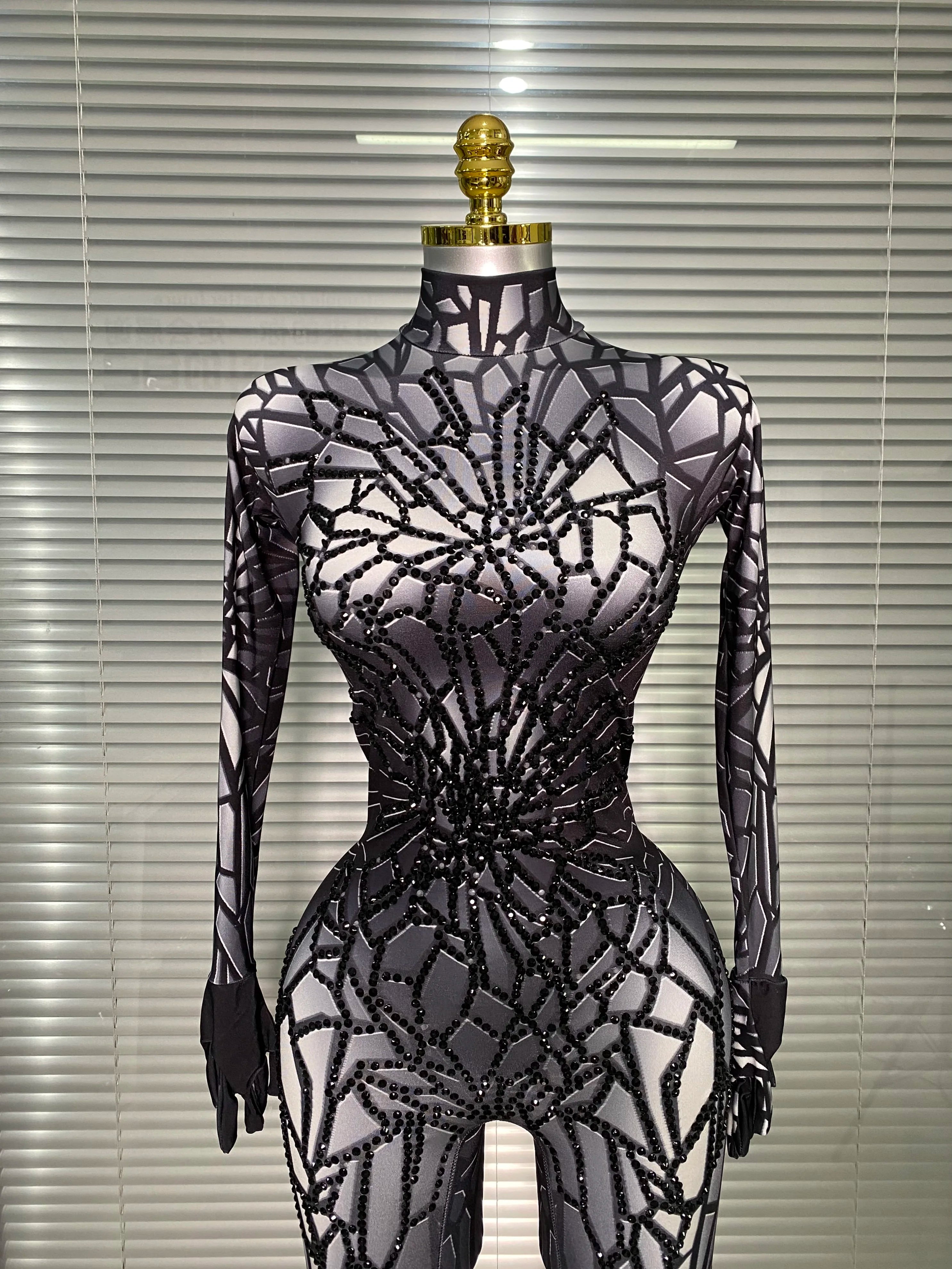 Women Sexy Black Y2K Crystal Jumpsuit Celebrity Designer Stretchy Mesh Singer Dancer Stage Night Club Rompers