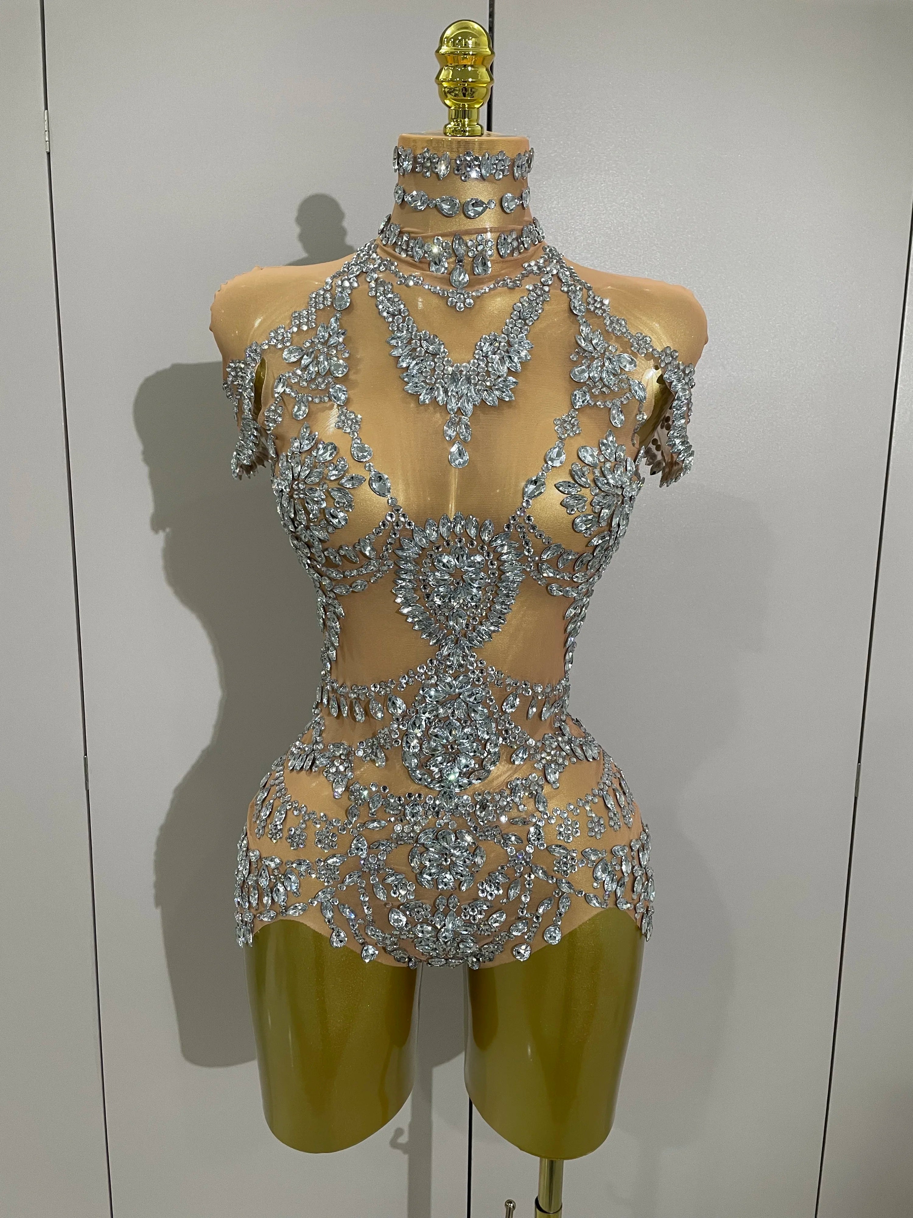 Traje de palco 2025 luxuoso com strass sexy transparente, body para festa noturna, bar, boate, cantor, dançarino, roupa de apresentação