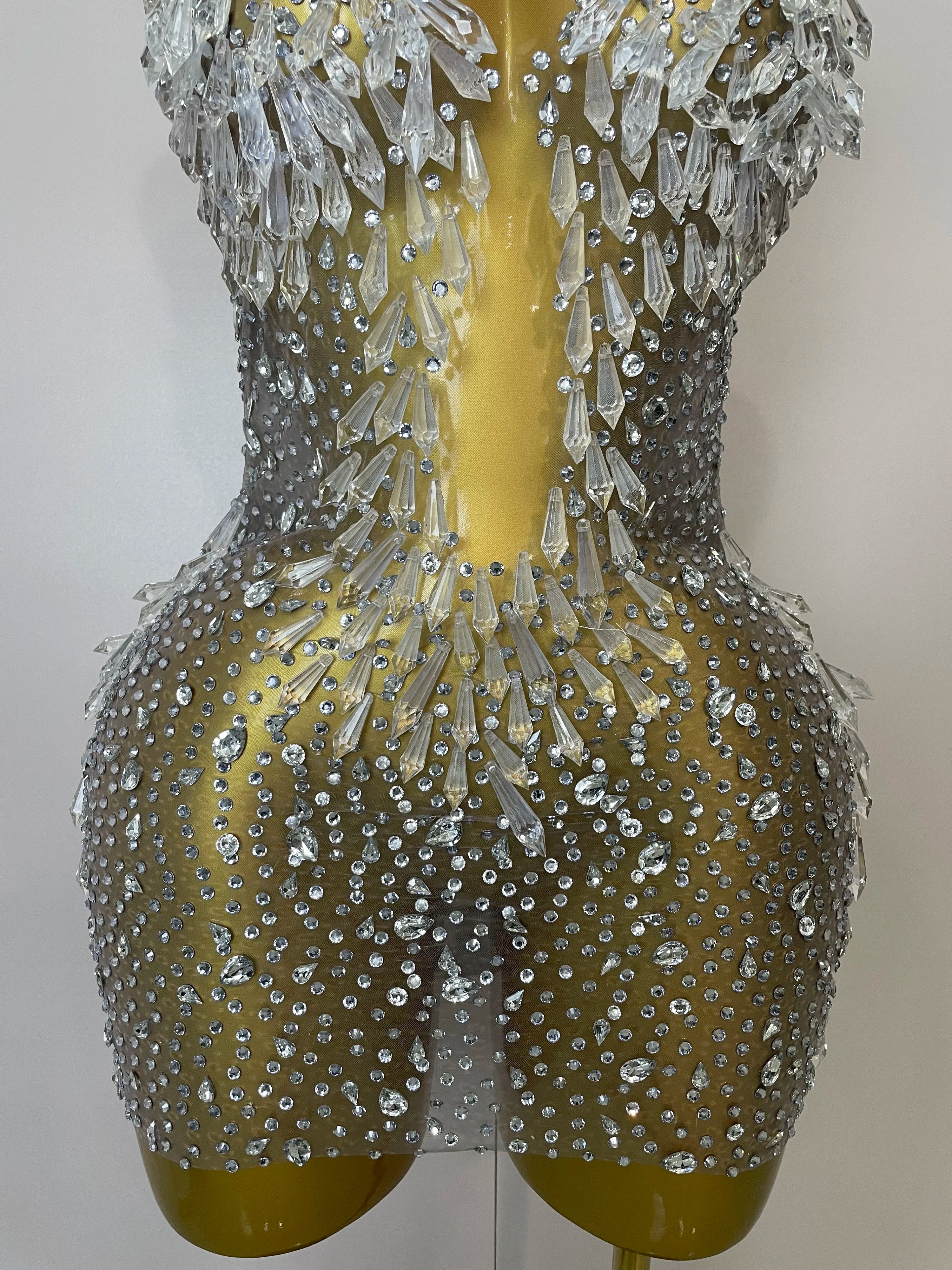 Stock 2025Women Luxury Sexy Mesh Crystal Diamonds Mini Dress Birthday Party Costume Nightclub Stage Performance Singer Outfit