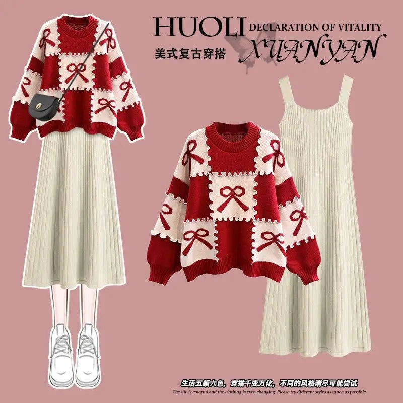 Japanese style lazy knitted sweater with dress two-piece autumn and winter suit for women new large size women's clothing Suit 3