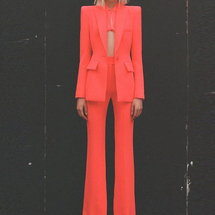 HIGH STREET Newest Spring Designer Career Fashion Suit Set Women's Single Button Slim Fit Blazer Flare Pants Suit Two Pcs Orange Red