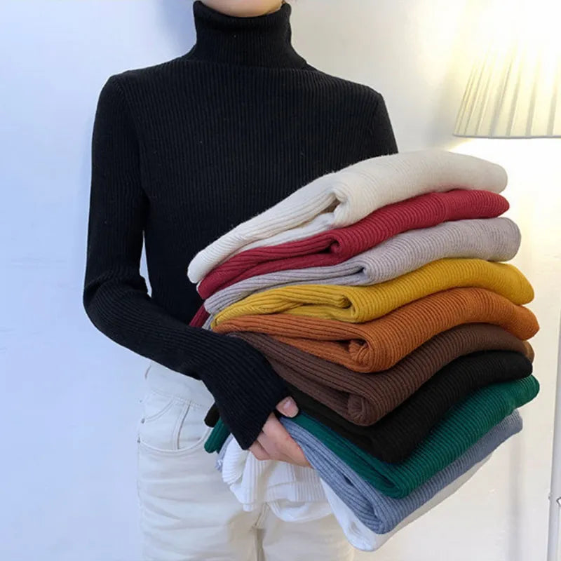 Winter Turtleneck Women's Sweater Knitted Pullover Soft Slim Long Sleeve Top Solid Color Basic High Neck Jumper Woman Clothing