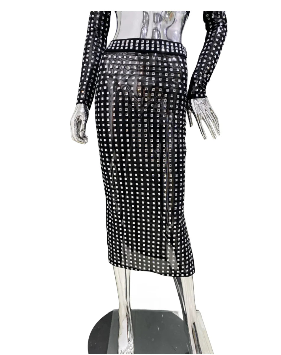 STOCK Sparkling square Diamonds Sexy Mesh See Through Top And Skirt Woman Fashion Set High Street Wear Evening Party Outfit