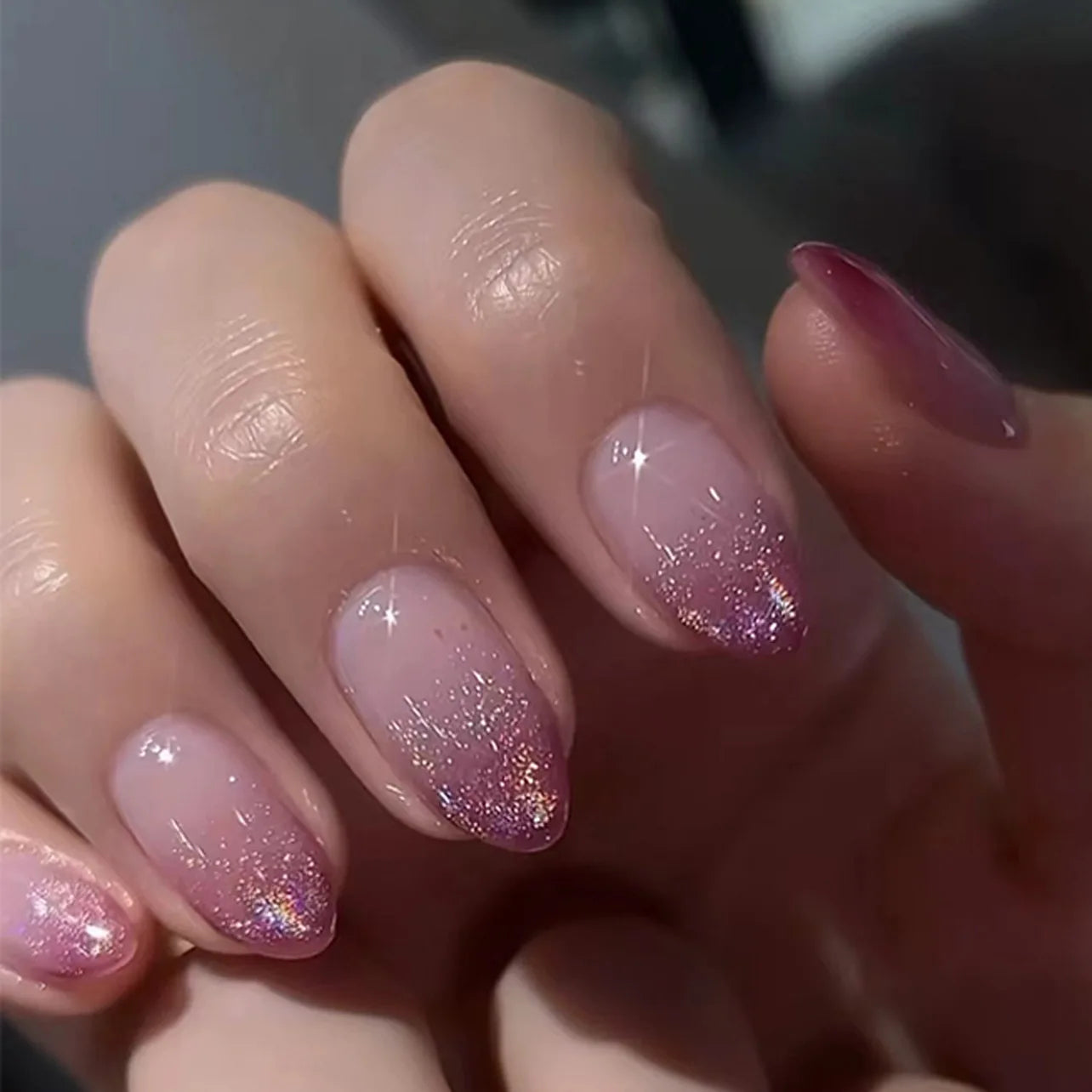 24Pcs French Fake Nail Tips with Almond Head Design Short Oval False Nails Simple Wearable Gradient Purple Nails Set Press On