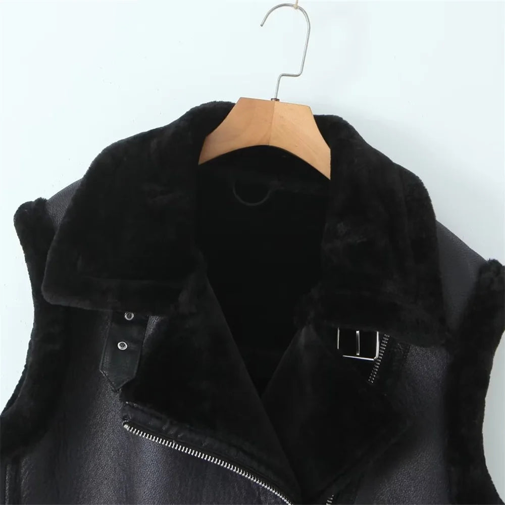 Fashion and Casual Polo Collar Zipper Fur Integrated Vest Coat