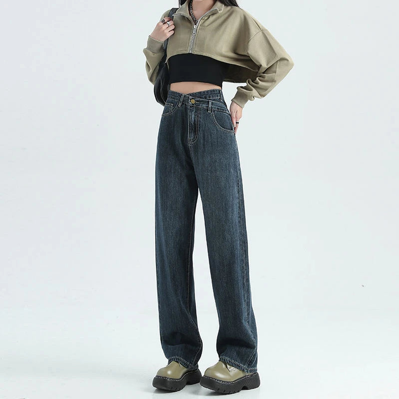 Autumn Winter New Women High Waist Jeans American High Street Straight Tube Woman Jeans Blue Gray Slant Button Women Pants blue gray