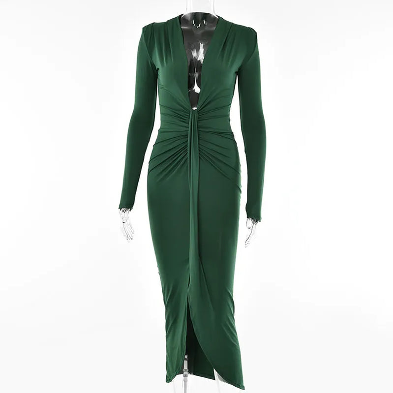 Elegant Pleated Casual Bodycon Long Dress Autumn Winter Women Slim Evening Party Robe Sexy Bandage Ladies Dress Green