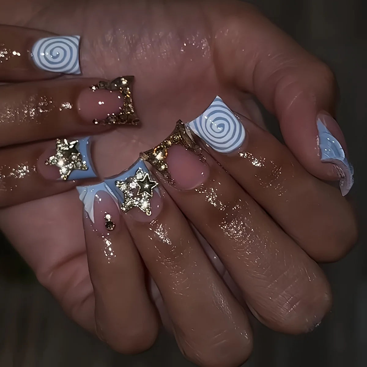 24Pcs Short French Duckbill False Nails with 3D Water Droplet Star Rhinestone Press on Fake Nails Reusable Full Cover Nails Tips