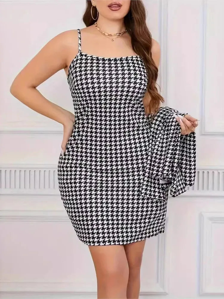 Plus Size Houndstooth Plaid Autumn 2 Two Piece Set Women Long Sleeve Ladies Cropped Coats Sleeveless Slip Modis Woman Mini Dress