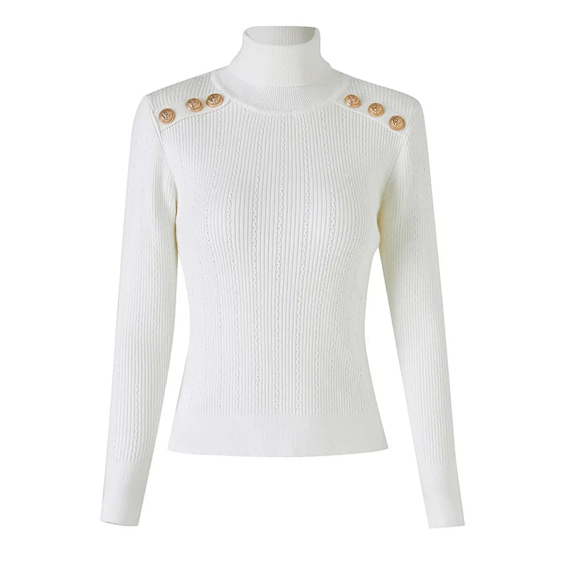 Classic Turtlenecks Pullovers Long Sleeve Gold Buckle Sweater Women Winter Fall Casual Elasticity Knitting Top WHITE