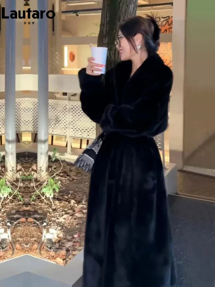 Winter Long Oversized Warm Thick Fluffy Brown Soft Skirted Faux Mink Fur Coat Women Elegant Luxury Furry Overcoat 2024