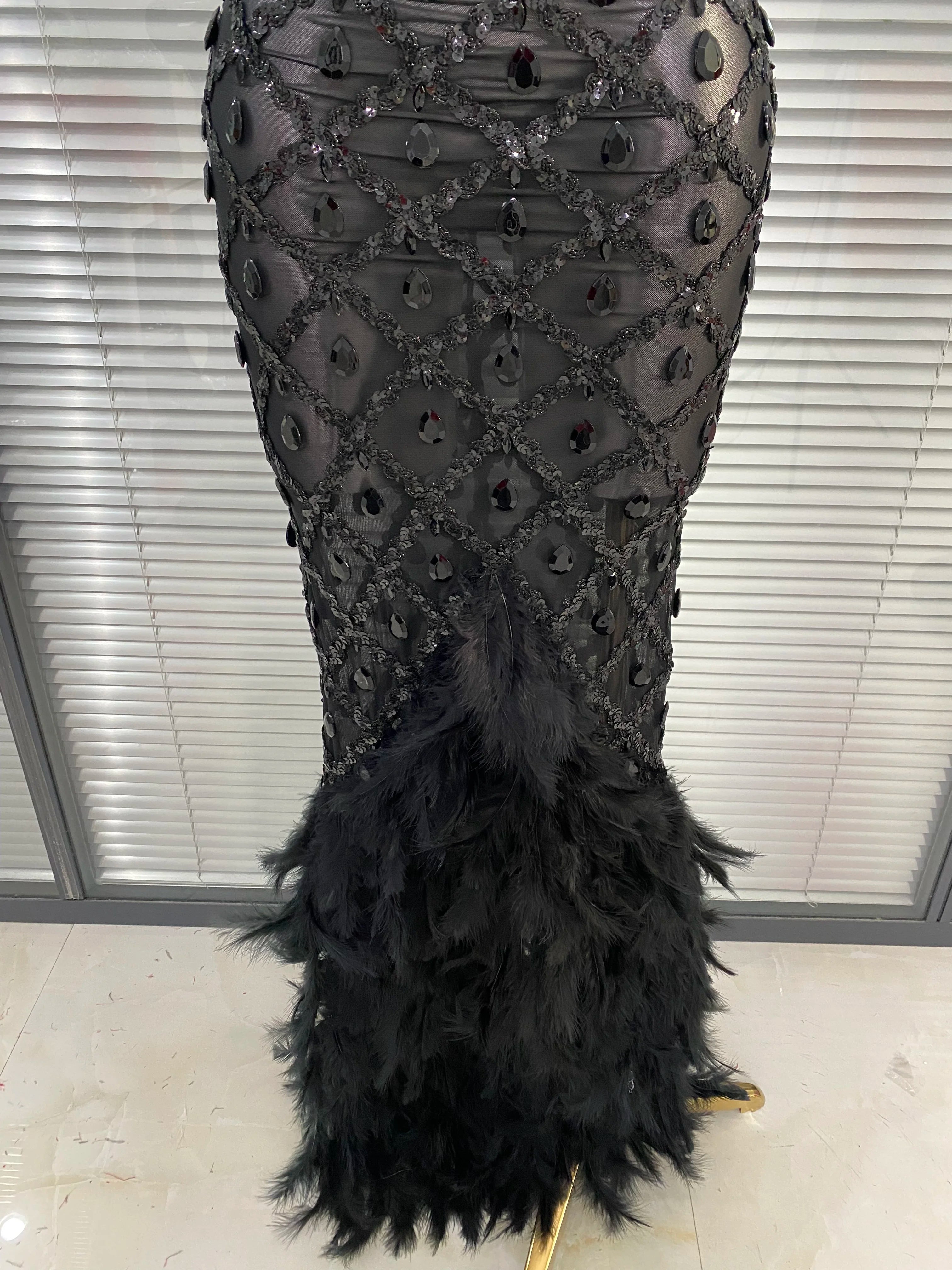 New Women Sexy Black Red Crystal Diamonds Maxi Dress Birthday Party Costume Elegant Singer Stage Performance Dress