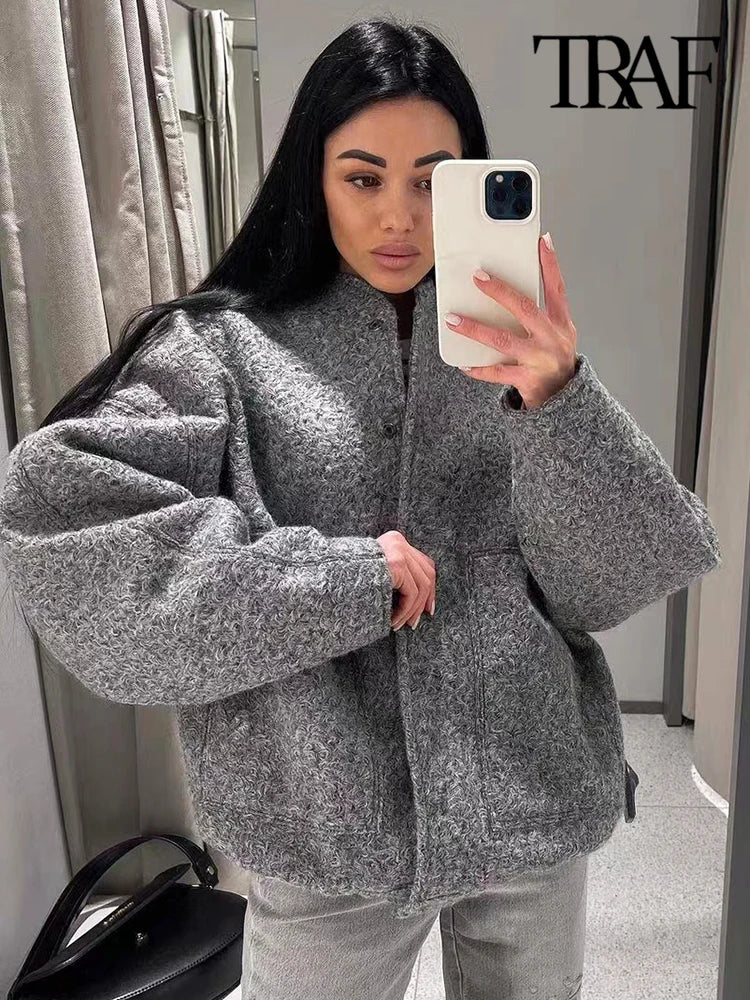 Women Fashion With Pockets Oversized Bomber Jacket Coat Vintage Long Sleeve Snap Button Female Outerwear Chic Tops