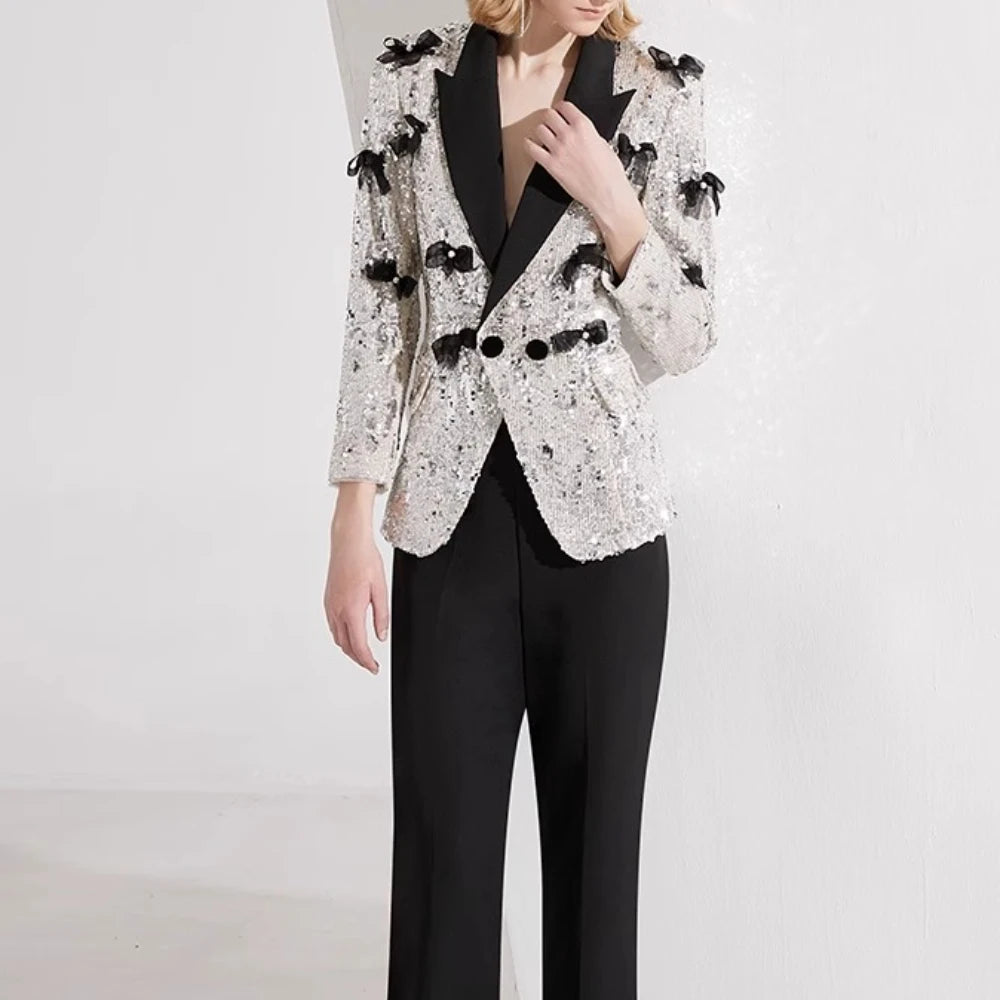 TWOTWINSTYLE Hit Color Spliced Bow Two Piece Sets for Women Lapel Long Sleeves Patchwork Sequin Top Pant Elegant Set Female New