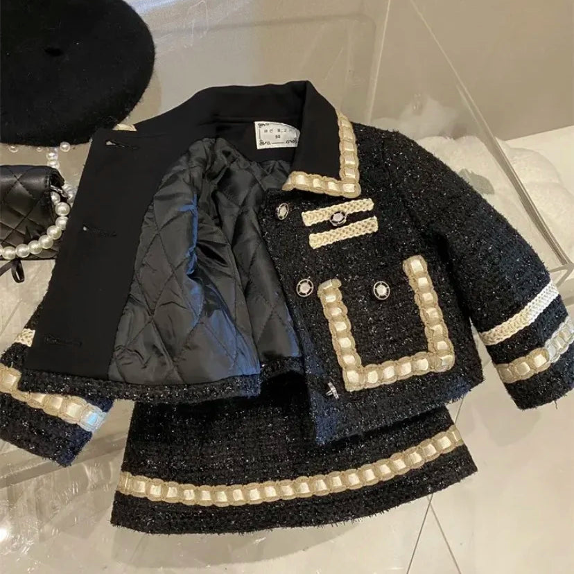 Girl 2 Piece Tweed Set Winter Suit Clothes for 1-10Years Children's Cotton Padded Jacket Coat+Skirt Kids Classic Outfits