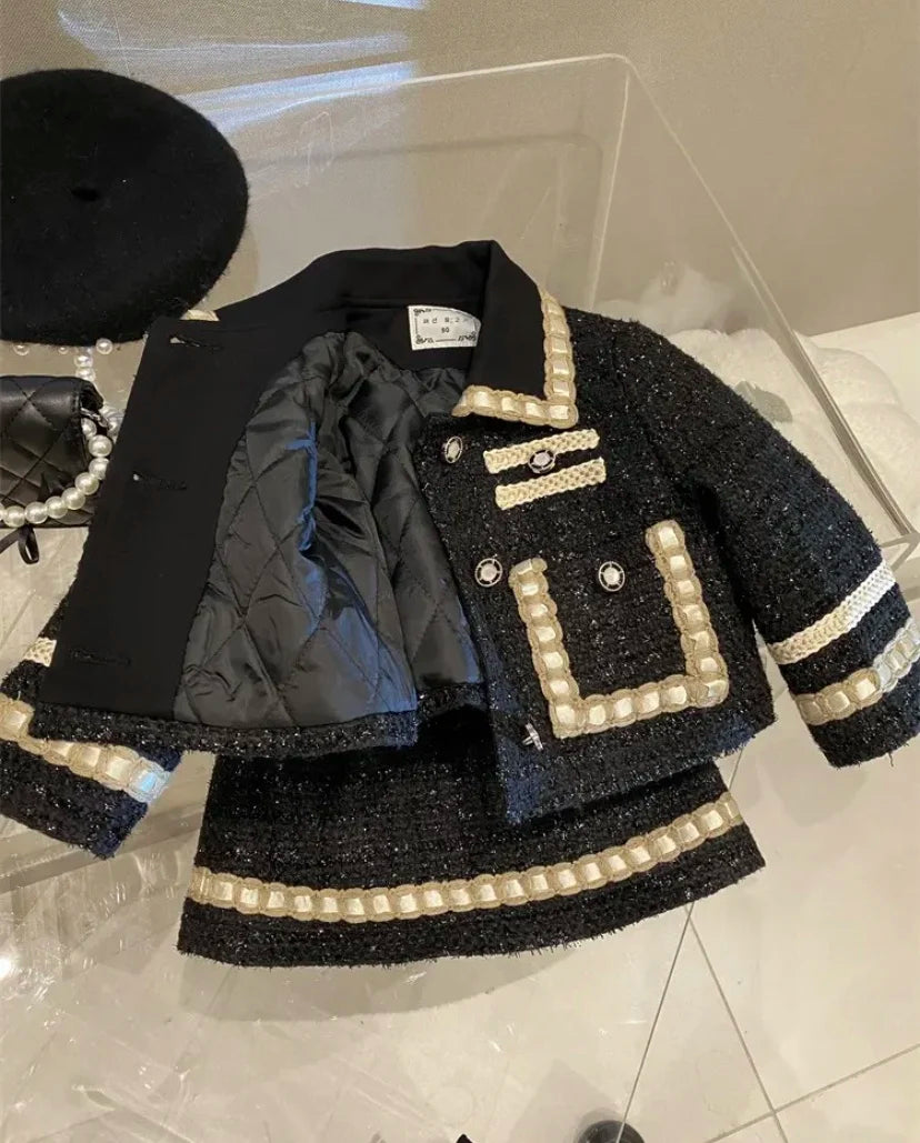 Girl 2 Piece Tweed Set Winter Suit Clothes for 1-10Years Children's Cotton Padded Jacket Coat+Skirt Kids Classic Outfits