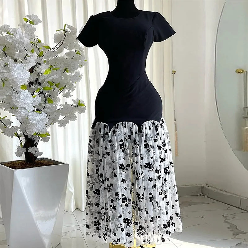 CM.YAYA Women Short Sleeve O-neck Mesh Floral Printed Long Maxi Bodycon Mermaid Dress 2025 Birthday Night Party Vestidos Dresses Black