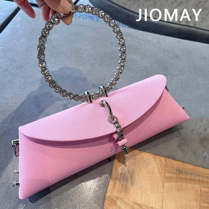 Clutch Bag Luxury Designer Handbag for Women with Chain Metal Ring Handle PU Leather Rhinestones Purses Shoulder Bag pink