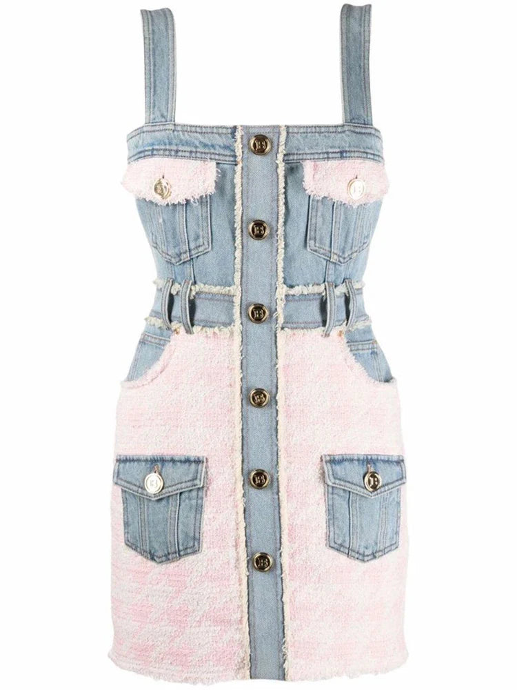 Newest Designer Fashion Women Spaghetti Strap Denim Tweed Houndstooth Pachwork Fringed Dress