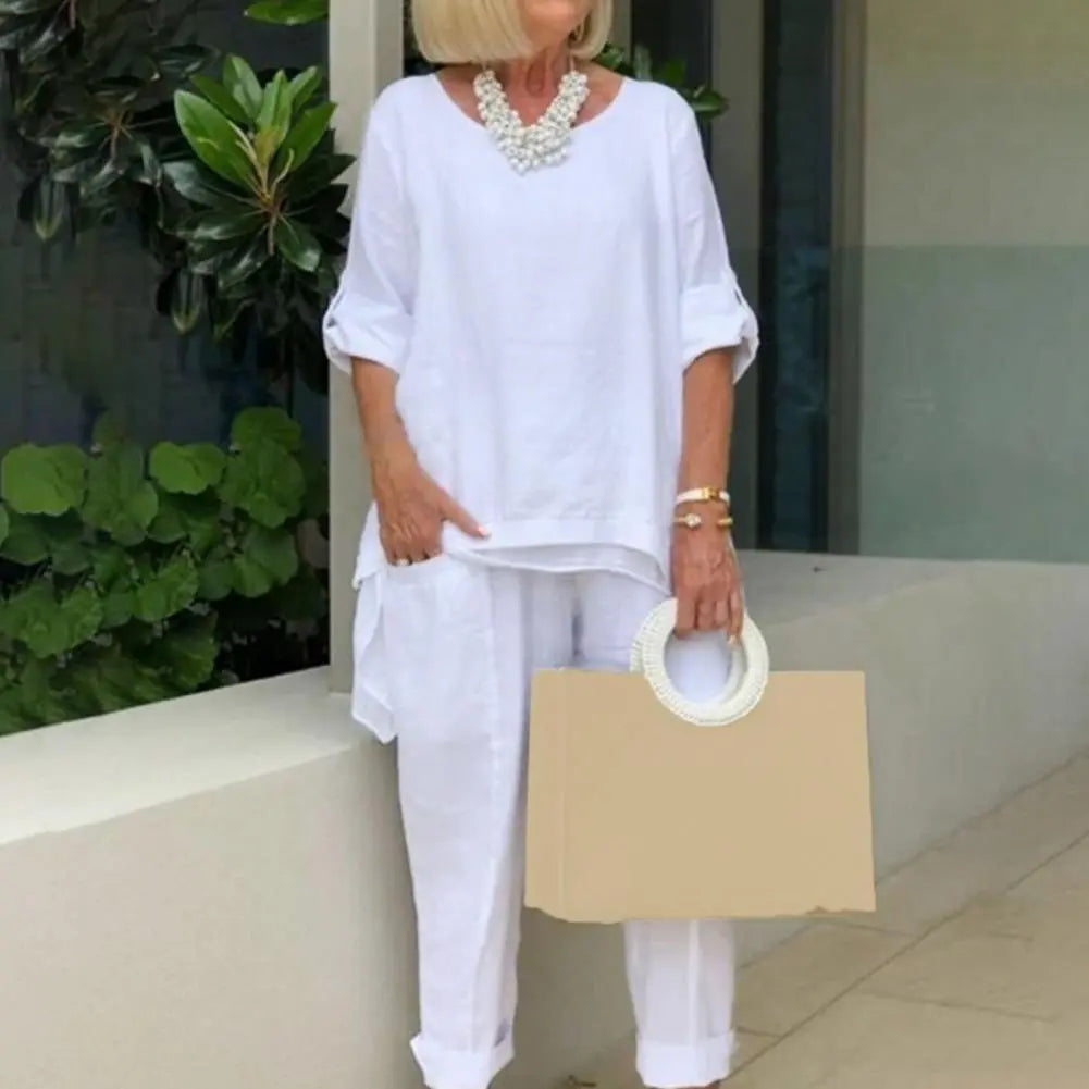 Women Casual Two Pieces Set Summer Fashion Half Sleeve O-Neck Loose Suit Female Vintage Pocket Top Long Pants Solid Outfit