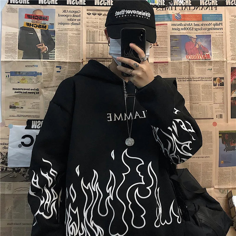 Retro Flame Print Hoodies Women Autumn Casual Oversized Long Sleeve Pullovers Tops Korean Style Harajuku Unisex Loose Sweatshirt