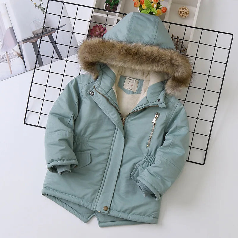 Boys Coats Autumn Winter Fashion Hooded Fur Children's Plus Velvet Warming Cotton Outerwear For Kids Jacket 5-14 Years Light green