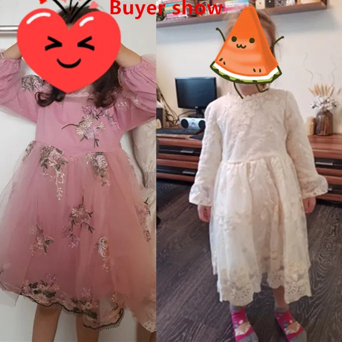 Elegant Flower Girls Dress Wedding Party Princess Dress Casual Kids Clothes Lace Long Sleeves Dress Children's Vestidos For 3-8T