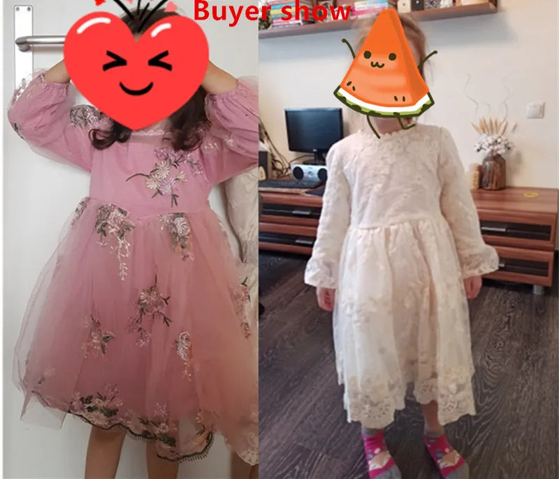 Elegant Flower Girls Dress Wedding Party Princess Dress Casual Kids Clothes Lace Long Sleeves Dress Children's Vestidos For 3-8T