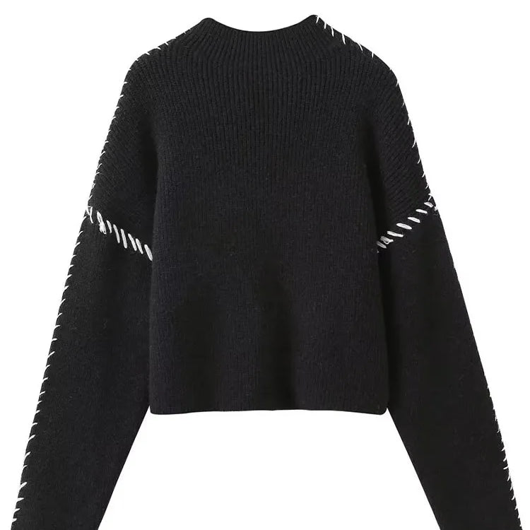 TRAFZA Women Fashion Black Spliced Cable Stitch Turtleneck Oversize Pullover Female Casual Long Sleeve Loose Sweater Vintage Top