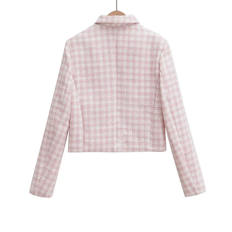 Women's Jacket Autumn Vintage Tweed Blazers Coats Fashion Single-breast Pink Plaid Suit Female New in Outerwears Clothing Top