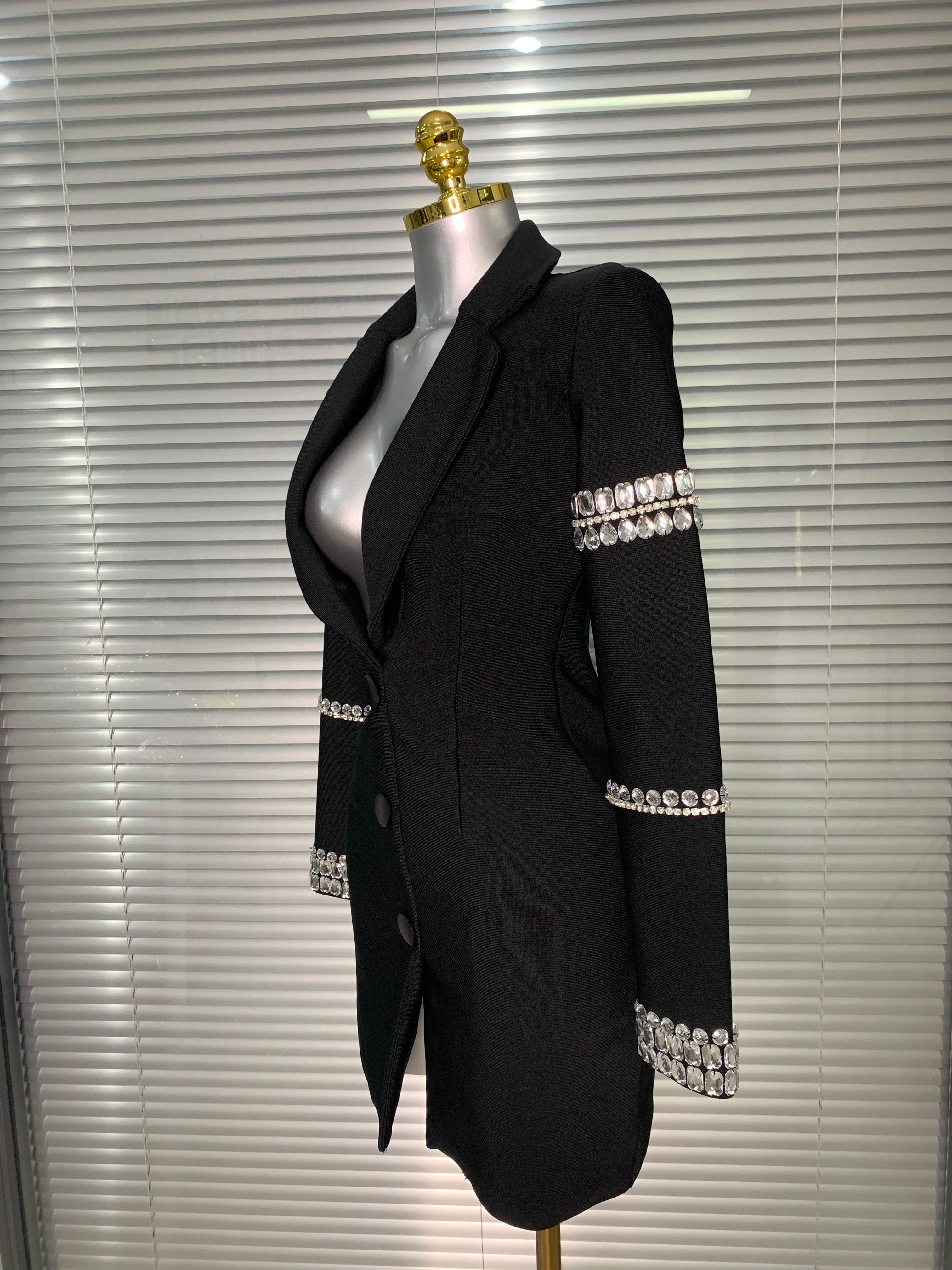 Brand New 2025 Women Sexy Deep V Neck Long Sleeve Beaded Blazer Bandage Dress Elegant Evening High Street Party Dress