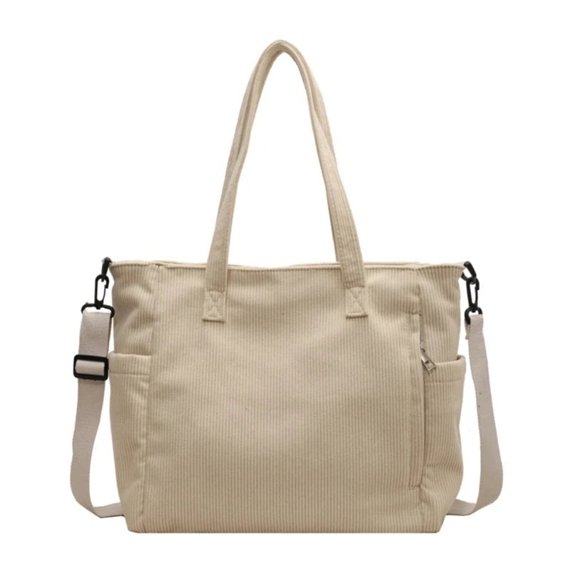 Women's Handbag Corduroy Shopper Shoulder Bag Casual Large Capacity Crossbody Bags College Student Bookbag Laptop Tote Bag Beige